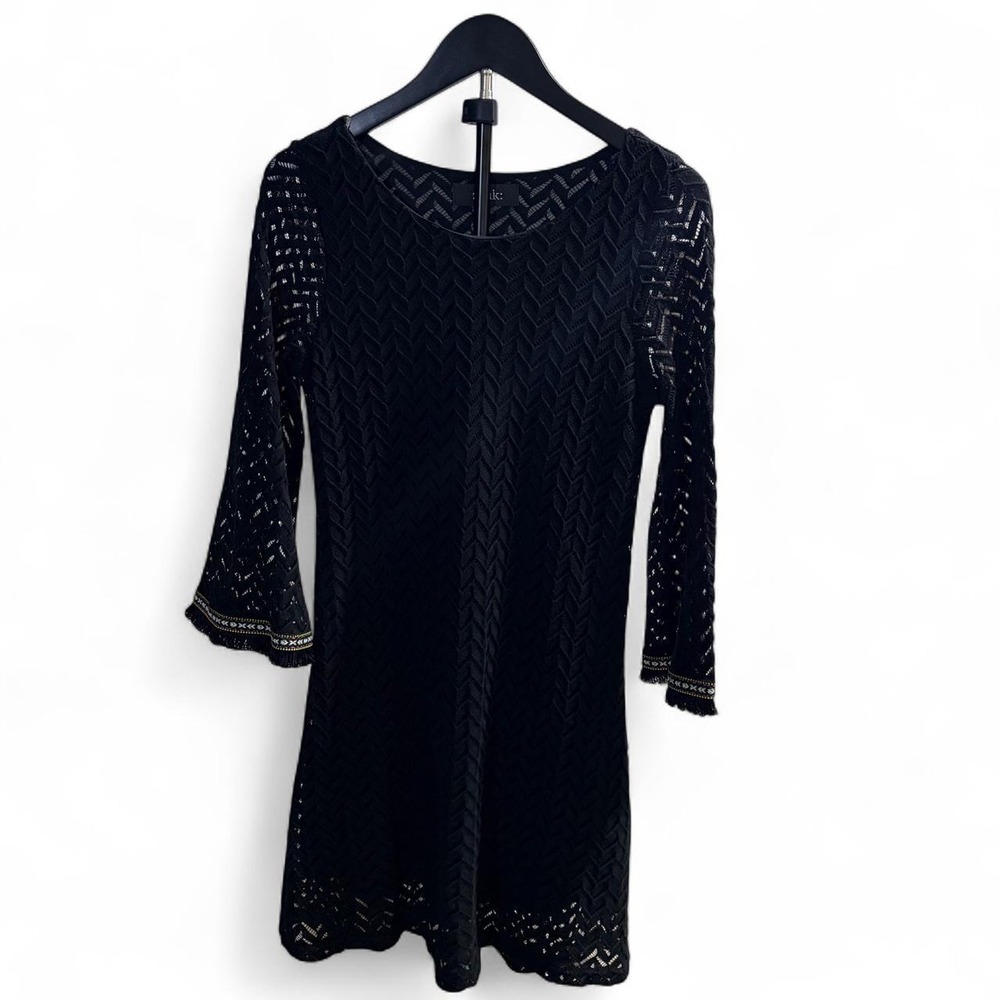 Zouk Black Chevron Crochet Mini Dress Beaded Fringe Bell Sleeve Boho Women S